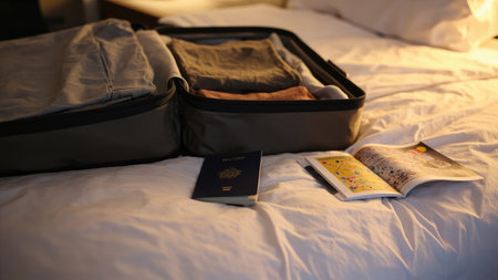 A neatly packed suitcase overflowing with clothing, a passport, and a rolled-up map, sits ready for an exciting travel adventure.  The scene evokes a sense of wanderlust and anticipation for an upcoming journey or vacation. Ideal for travel blogs, articles, or websites showcasing travel planning, packing tips, and the excitement of exploring new destinations.の素材