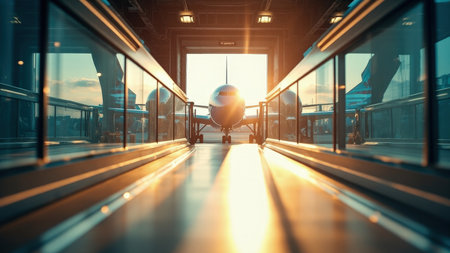 Airplane at airport terminal entrance with glass walkway and sunlight shining through the open doorway.の素材