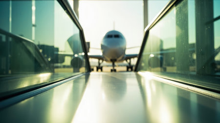An airplane is seen through glass panels with reflections, bright sunlight, and a blurred background.の素材