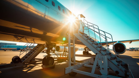 Airplane with boarding stairs and bright sunlight against a blue sky at the airport.の素材
