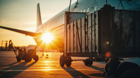 Airplane on tarmac with boarding bridge at sunset golden hour with sun shining through plane wing and fuselage.の素材