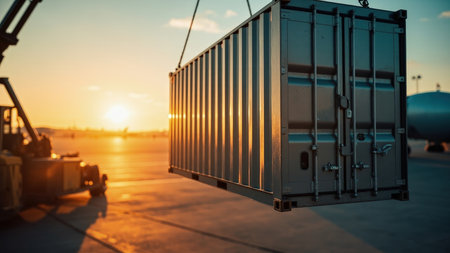 A cargo container suspended in the air against a sunset, showing shipping logistics and global trade concepts.の素材