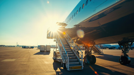 Airplane with boarding stairs on tarmac under bright sunlight with other aircraft and service vehicles.の素材