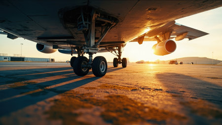 Airplane landing gear and engine silhouetted against a warm sunset on the tarmac with long shadows.の素材