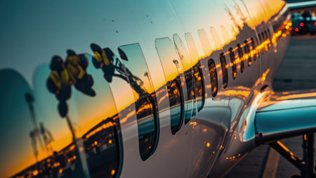 Airplane fuselage with window reflections of a sunset and city lights in orange and yellow hues.の素材