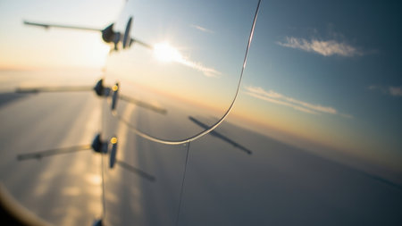 Close-up of an airplane wing reflecting the sky and sun, rivets and fasteners visible, during a sunset flight.の素材