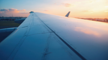 Close-up of an airplane wing with water droplets, against a soft sunset sky with orange and blue colors.の素材