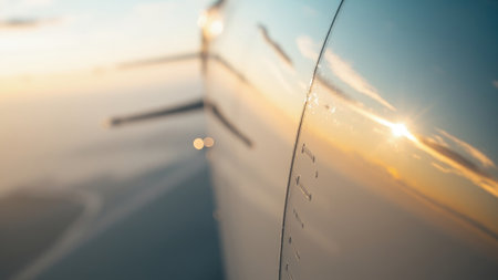 Shiny aircraft fuselage reflecting the golden hour sky with rivets and wing struts.の素材