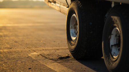 Close-up of truck tires on asphalt with golden sunlight illuminating the texture and details.の素材