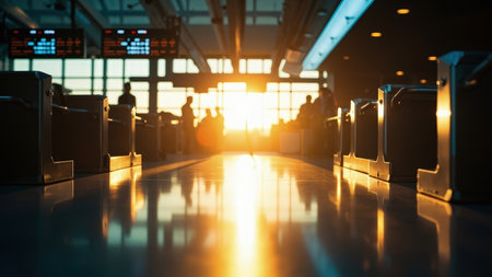 Airport interior with turnstiles and silhouettes bathed in warm sunlight creating a reflective floor.の素材