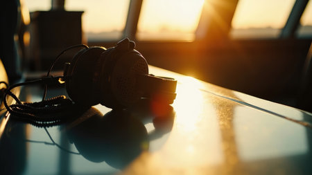Black headphones with cable on a reflective surface silhouetted by warm sunset light near a window.の素材