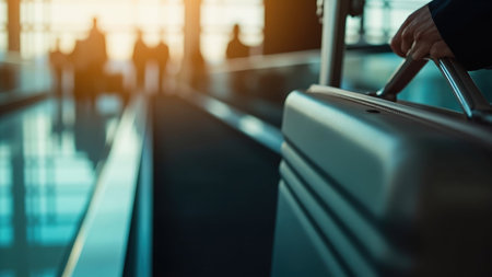 A hand holds a suitcase handle on an escalator with blurred figures and warm light.の素材