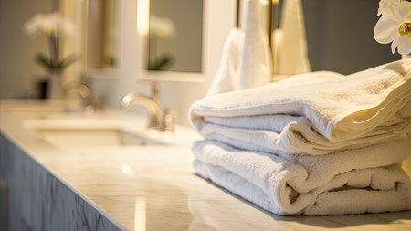 Stacked white bath towels on a marble countertop with a blurred background of a sink, mirror, and a flower.の素材