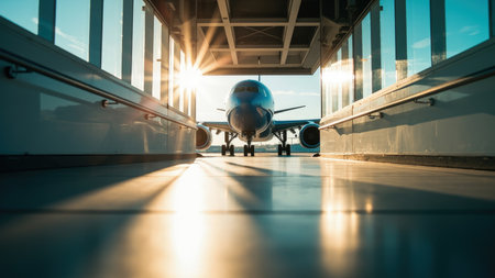 Blue airplane inside a glass and metal structure with sunlight creating shadows and reflections on the ground.の素材