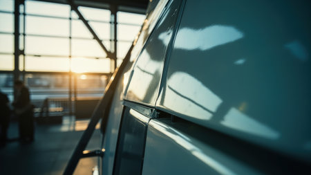 Teal vehicle exterior reflecting sunlight and a windowed structure in a blurred setting.の素材