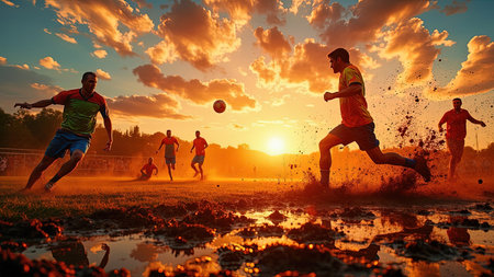 Soccer players playing in a muddy field during sunset with orange sky and water reflections.の素材