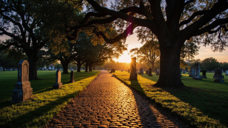 A cobblestone path leads through a cemetery with headstones bathed in golden sunlight at sunset.の素材