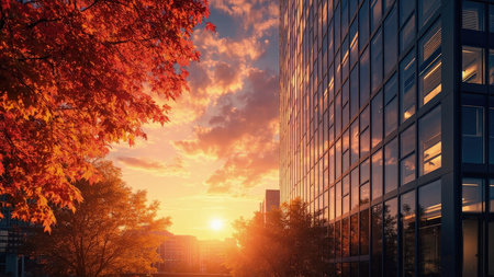 A vibrant sunset illuminates a city scene with orange and red foliage and a glass building.の素材