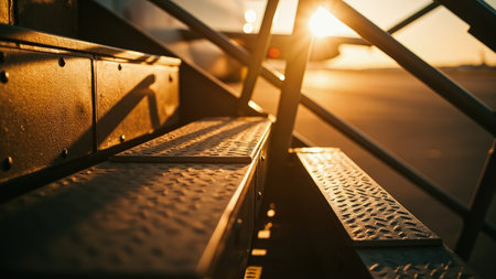 Close-up of metal airplane stairs with diamond plate steps and handrails illuminated by warm golden sunlight.の素材