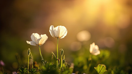 White poppies with green stems and leaves bathed in warm sunlight against a blurred background.の素材