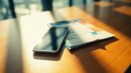A smartphone and documents rest on a wooden table bathed in sunlight creating shadows and a bright background.の素材