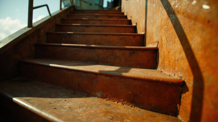 Close up of a rusty metal staircase with aged textures and shadows in natural light, showing the upward perspective.の素材