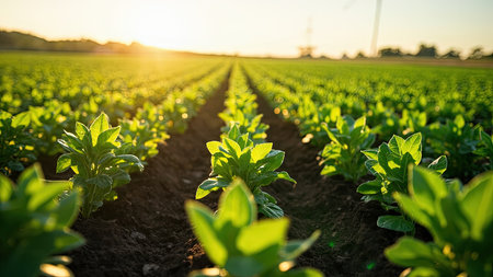 Rows of green potato plants in a field, illuminated by warm golden sunlight at sunset.の素材