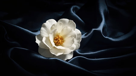 White camellia with yellow center on dark blue satin fabric with folds and shadows.の素材