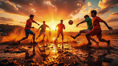 Soccer players in colorful uniforms playing in a muddy field during sunset with reflections in the water.の素材