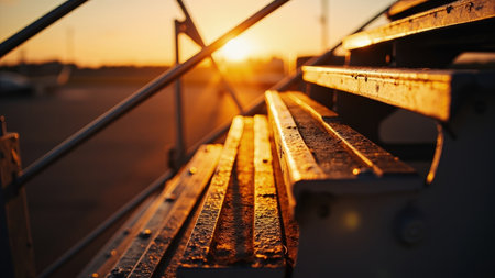 Wooden steps and metal railings illuminated by warm sunlight during sunset, creating a golden glow.の素材