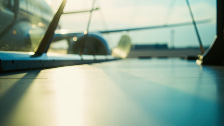 Blurred view of an airplane wing and window with a reflective surface and soft light.の素材