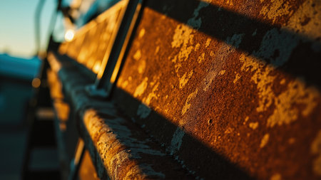 Close-up of a rusty metal surface with textured details and shadows under warm sunlight.の素材