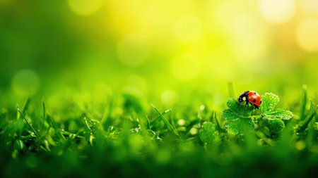 A ladybug rests on a clover leaf amidst green grass with bokeh sunlight.の素材