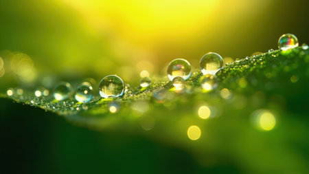 Green leaf with water droplets reflecting light against a blurred yellow and green background.の素材