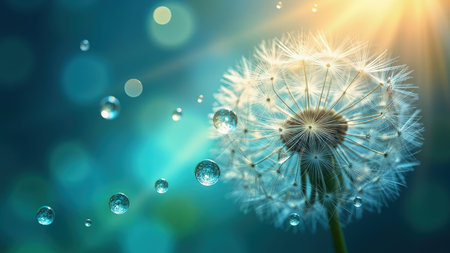 A dandelion seed head with water droplets against a teal and blue blurred background with sun rays.の素材