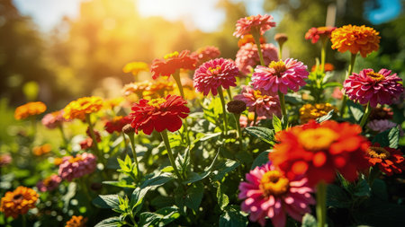 A close-up of colorful zinnias in a garden setting with red pink and orange blooms and green foliage.の素材