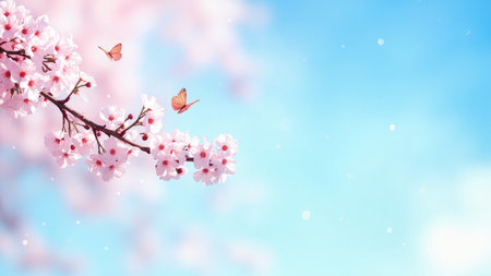 Pink cherry blossoms and orange butterflies against a soft blue sky with bokeh effects.の素材