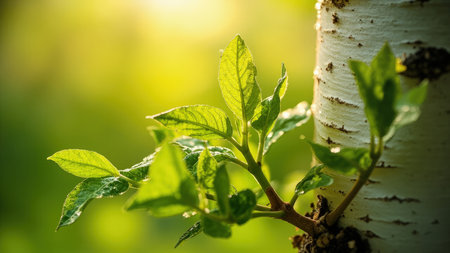 Green leaves and birch trunk against a blurred green and yellow backdrop.の素材