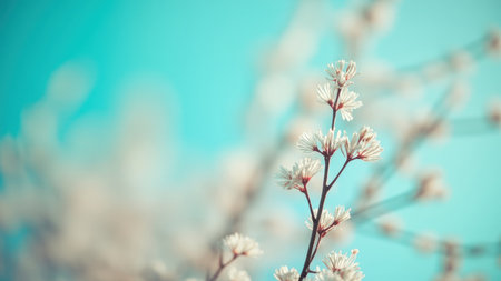 White flowers on branches against a soft turquoise blue background with blurred out of focus blossomsの素材