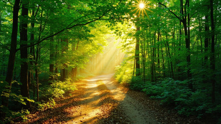 A sunlit forest scene with a path, tall green trees, and sunlight streaming through the canopy.の素材