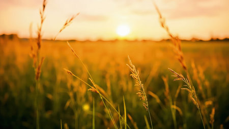 A field of tall grass bathed in warm golden light from a setting sun with a blurred background.の素材