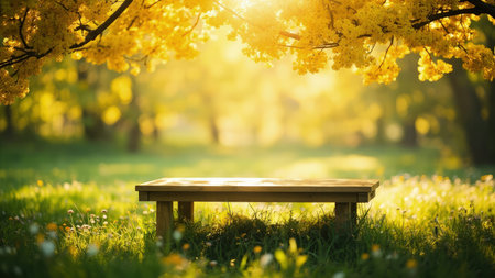 A wooden bench sits in a sunlit park beneath yellow flowering tree branches and green grass.の素材