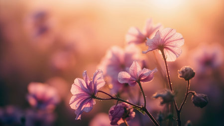Soft focus  of pink flowers with translucent petals and water droplets, bathed in warm sunlight.の素材