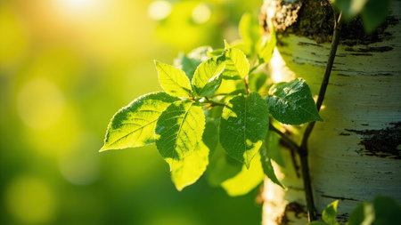 Green leaves on a tree branch with white bark and a blurred green background.の素材
