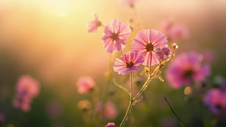 Pink cosmos flowers with water droplets, illuminated by sunlight, set against a blurred green and yellow backdrop.の素材