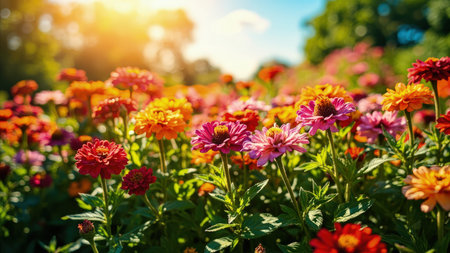 A vibrant field of colorful zinnias in full bloom with green foliage under a bright sunny sky.の素材
