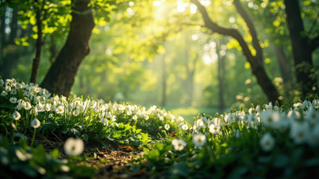 White snowdrop flowers bloom in a green meadow with sunlight streaming through trees creating a tranquil scene.の素材