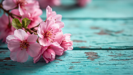 Pink cherry blossoms on a weathered turquoise wooden surface with a blurred background.の素材