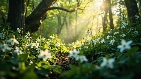 A forest path is illuminated by sunlight, with white wildflowers and green foliage.の素材