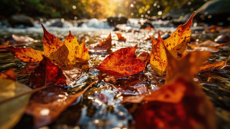Close-up of colorful autumn leaves floating in a shallow stream with flowing water and sunlight.の素材